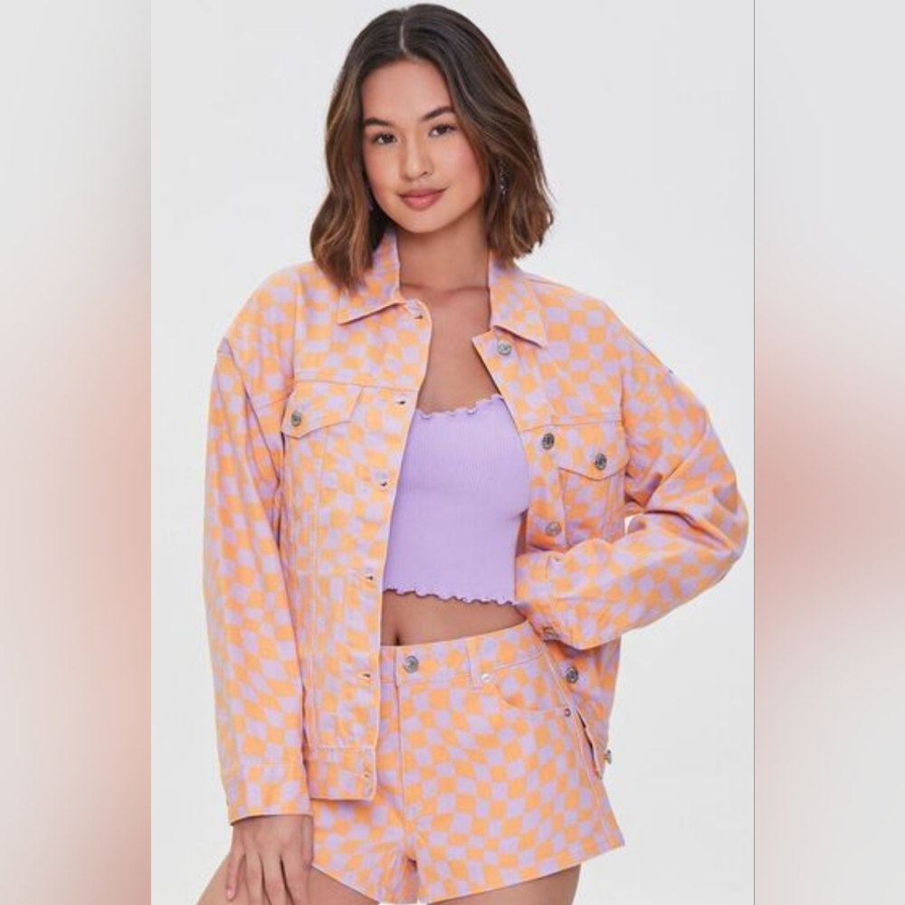 Forever21 Orange Purple Checkerboard Denim Jean Jacket NEW w/o tags